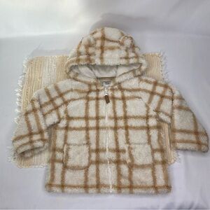CARTERS BABY TODDLER SHERPA PLAID FULL ZIP HOODED JACKET SZ 18mo GIRLS TAN/CREAM